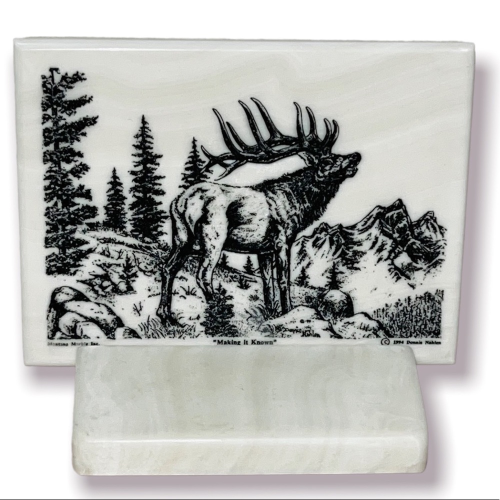 Vintage White￼ Marble Mountain Elk Etching Wilderness Scene Moose Art Signed
